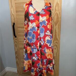 037D Floral Midi Dress in Red and Blue